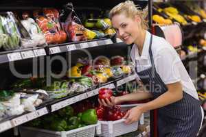 Portrait of a smiling blonde worker taking a vegetables