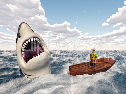 Großer weißer Hai und Mann in einem Boot