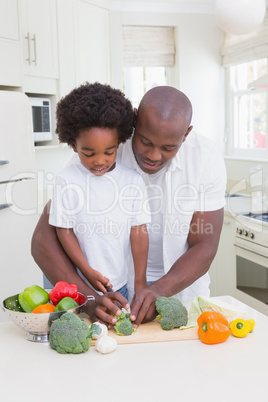 Little boy cooking with his father