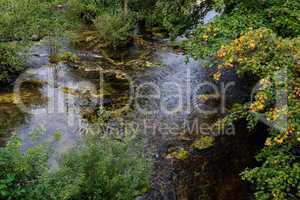Surface of travertine pond in autumn