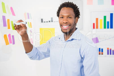 Young smiling businessman writing on sticky notes