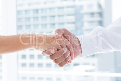 Close up view of two business people shaking hands