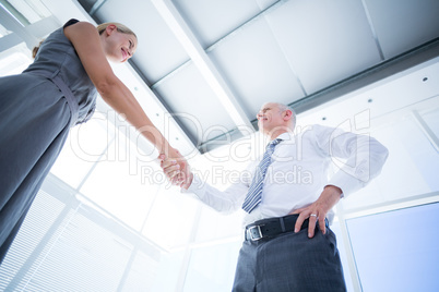 Two smiling business people shaking hands