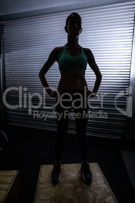 Muscular woman standing on a box
