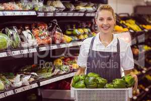 Portrait of a smiling blonde worker holding a vegetables