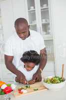 Happy father and son preparing vegetables