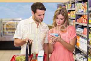 A bright couple buying products using shopping basket
