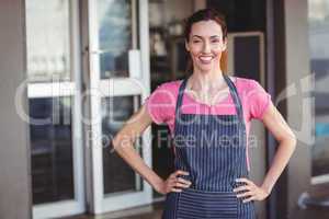 Smiling brunette standing hands on hips