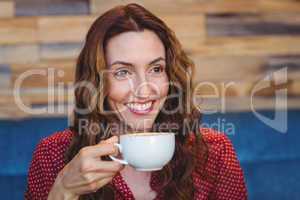 Happy pretty brunette drinking coffee