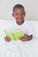 Portrait of a little boy reading book in bed