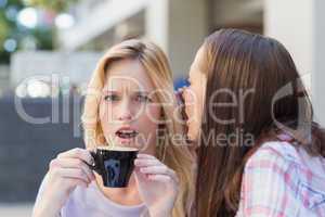 Brunette telling secret to her friend while drinking coffee