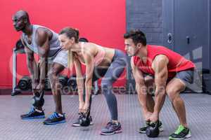 Three muscular athletes squatting together