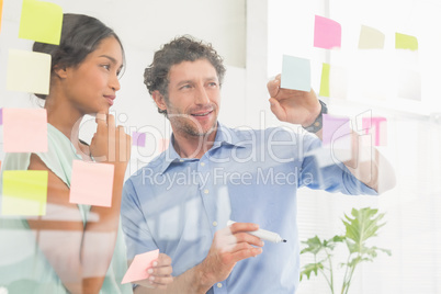 Puzzled business team looking post its on the wall