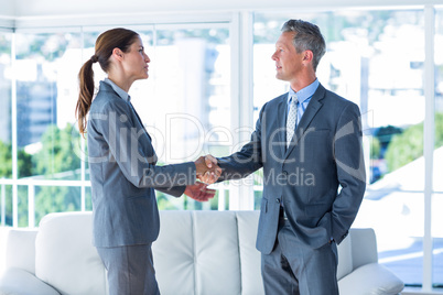 Two business workers shake hands