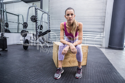 Serious muscular woman sitting on a wooden box