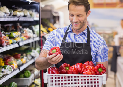 Smiling handsome worker taking a vegetable on her hand