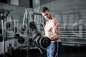 Concentrated muscular man lifting dumbbells