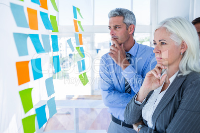 Business people looking at post it on the wall