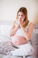 Pregnant woman blowing her nose