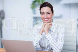 Pretty brunette smiling businesswoman using laptop