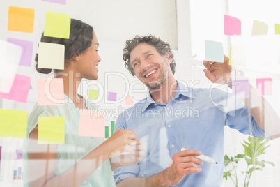Puzzled business team looking post its on the wall