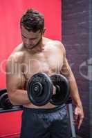 Muscular man lifting dumbbell