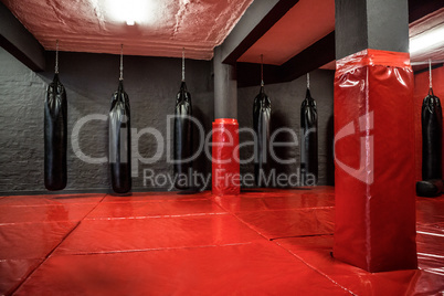 Red boxing area with punching bags