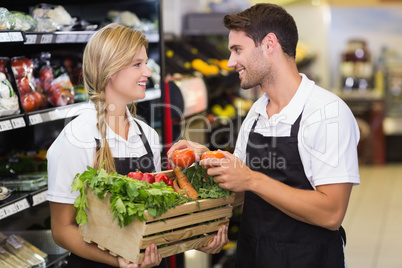 Smiling colleagues holding a box with fresh vegetables