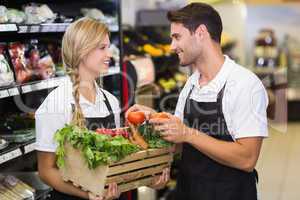 Smiling colleagues holding a box with fresh vegetables