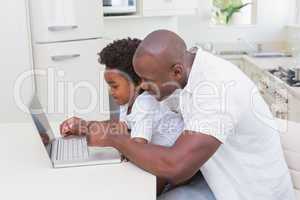 Father and son using laptop on the couch