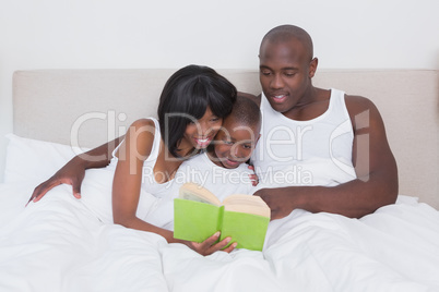 Pretty couple reading with his son in bed together