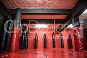 Red boxing area with punching bags