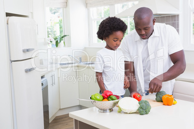 Little boy cooking with his father