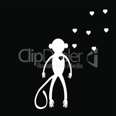 Silhouette white monkey on a black background hearts love symbol