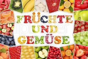 Rahmen mit Wort Früchte und Gemüse Obst wie Apfel, Tomate, Ora