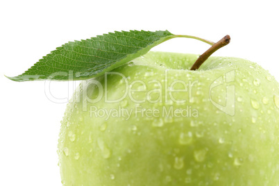 Makro grüner Apfel Frucht mit Blatt Freisteller