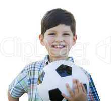 Cute Young Boy Holding Soccer Ball Isolated on White