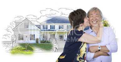 Senior Chinese Couple In Front of House Sketch Photo Combination