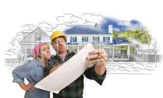 Woman with Contractor Over House Drawing and Photo on White