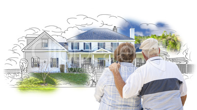 Embracing Senior Couple Over House Drawing and Photo on White