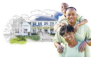 African American Family Over House Drawing and Photo on White