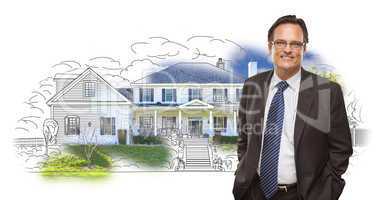 Man Wearing Neck Tie Over House Drawing and Photo