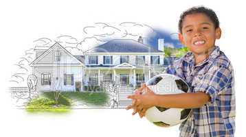 Mixed Race Boy Holding Ball Over House Drawing and Photo