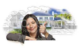 Woman with Thumbs Up Over House Drawing and Photo