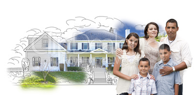 Young Hispanic Family Over House Drawing and Photo on White