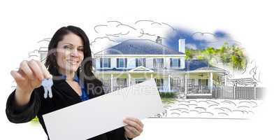 Woman, Keys, Blank Sign Over House Drawing and Photo on White