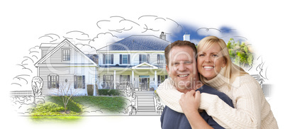 Hugging Couple Over House Drawing and Photo on White