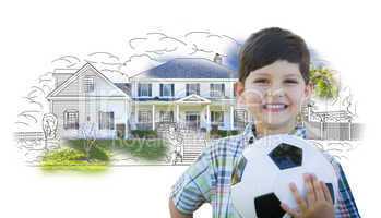 Boy Holding Soccer Ball In Front of House Sketch Photo