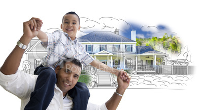 Hispanic Father and Son Over House Drawing and Photo