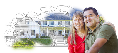 Mixed Race Couple Over House Drawing and Photo